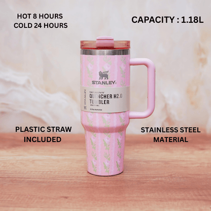 Stanley Quencher H2.0 Tumbler 1.18L – Pink Floral Limited Edition, Double Wall Vacuum Insulated Stainless Steel Mug with Handle & Straw