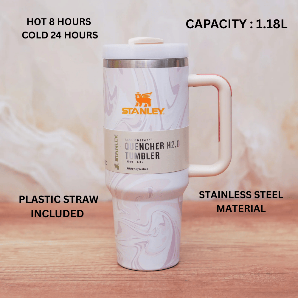 Stanley Quencher H2.0 Tumbler 1.18L – White Marble Pink Accent | Insulated Stainless Steel Travel Mug with Handle & Straw