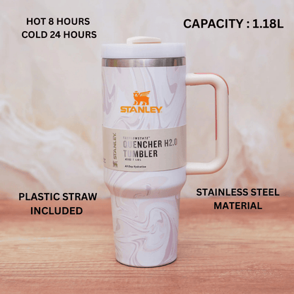 Stanley Quencher H2.0 Tumbler 1.18L – White Marble Pink Accent | Insulated Stainless Steel Travel Mug with Handle & Straw