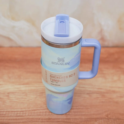 Stanley Quencher H2.0 Tumbler 40oz (1.18L) – Pastel Blue Marble Travel Mug with Handle & Straw