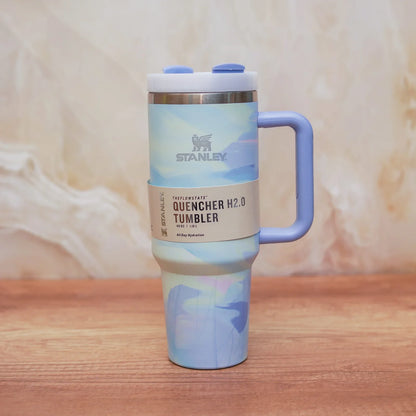Stanley Quencher H2.0 Tumbler 40oz (1.18L) – Pastel Blue Marble Travel Mug with Handle & Straw