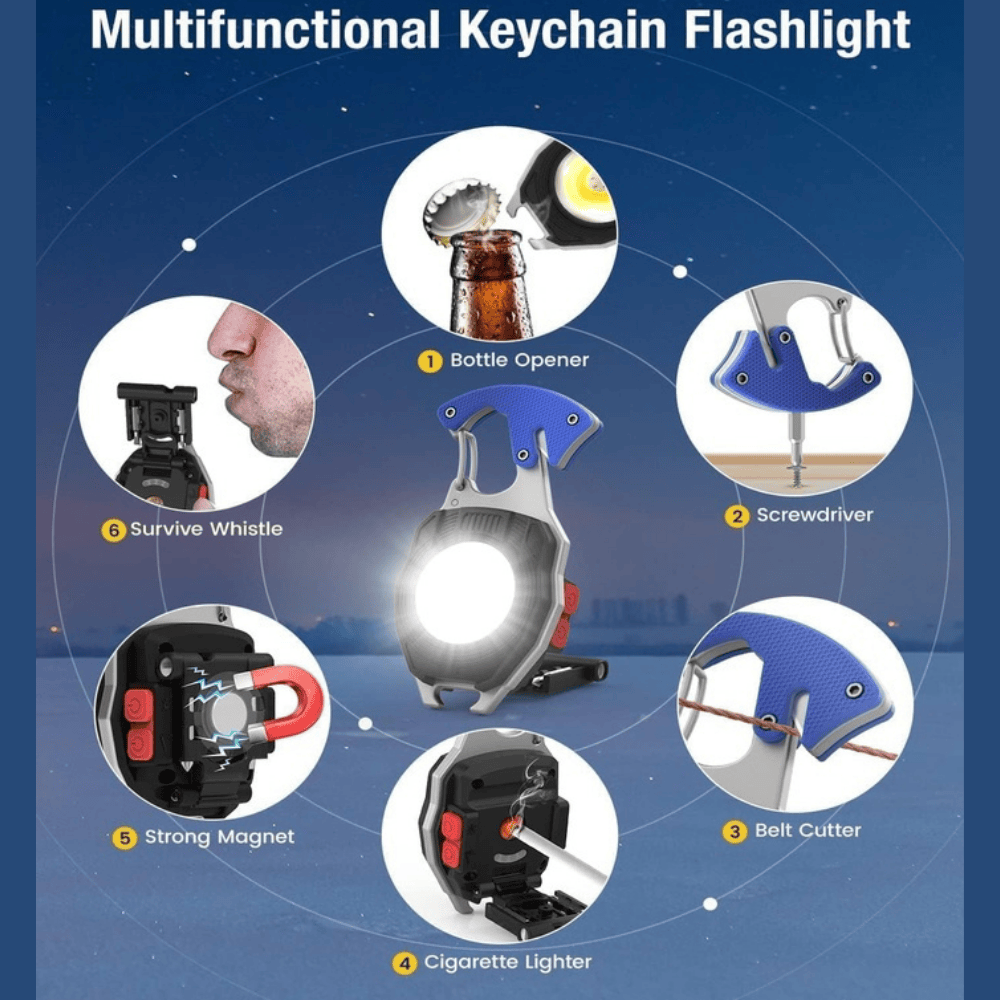 IPX5 Waterproof Keychain LED Flashlight – Multifunction Pocket Light with 150° Adjustable Bracket & Rechargeable Battery