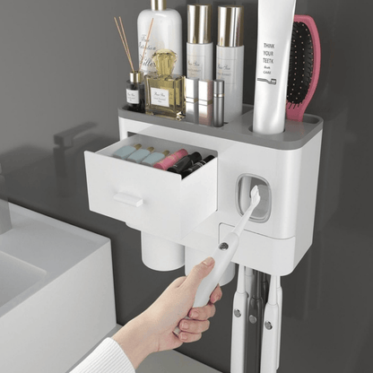 Wall Mounted Toothbrush Holder with 2 Cups and Storage Shelf – Bathroom Organizer