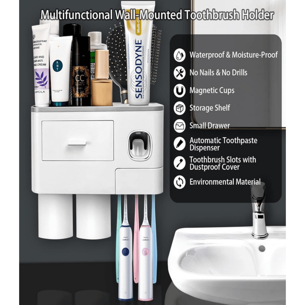 Wall Mounted Toothbrush Holder with 2 Cups and Storage Shelf – Bathroom Organizer