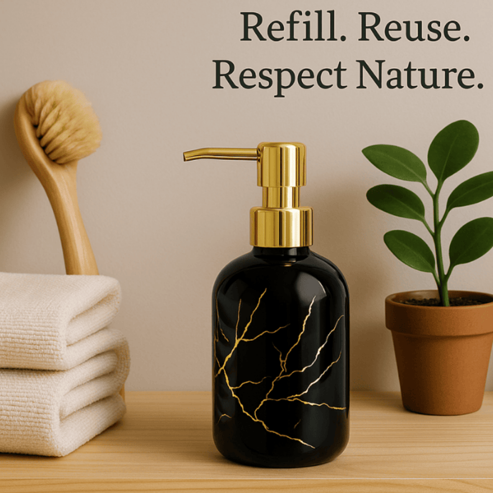 300ml Black Glass Soap Dispenser with Gold Pump – Elegant Refillable Bathroom & Kitchen Accessory