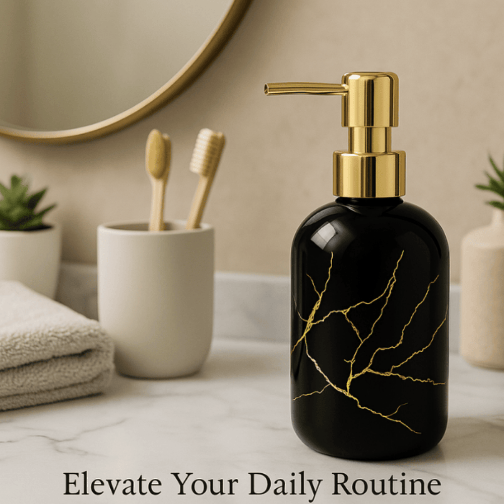 300ml Black Glass Soap Dispenser with Gold Pump – Elegant Refillable Bathroom & Kitchen Accessory