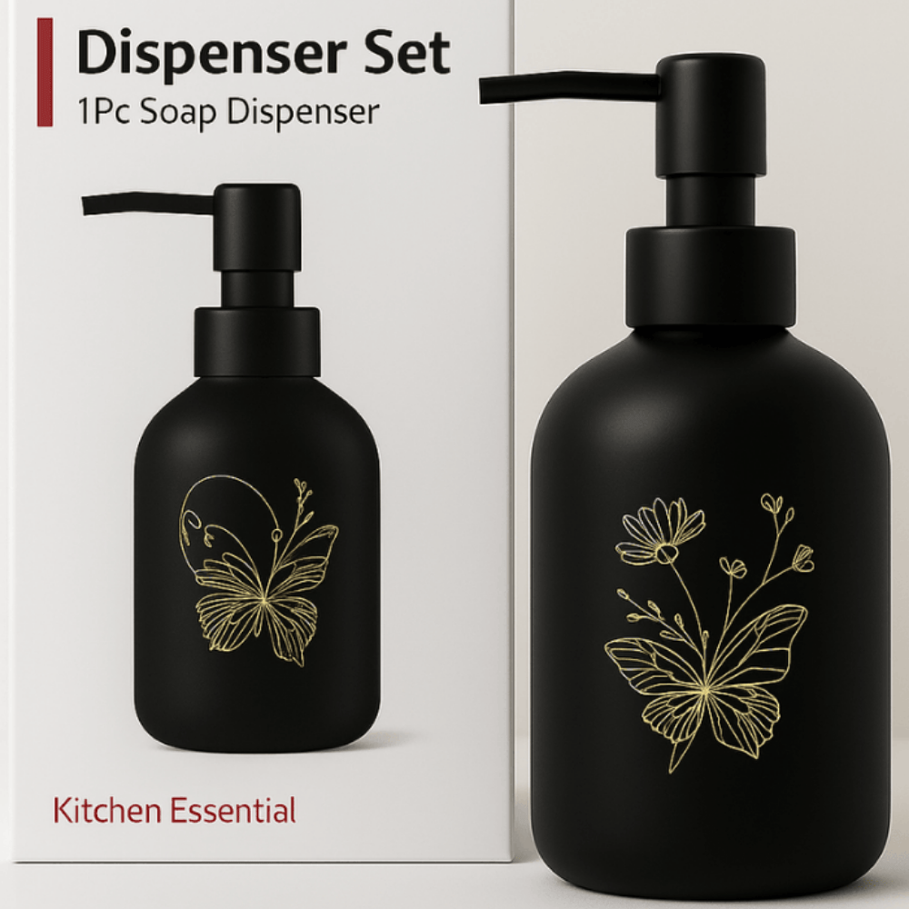 Matte Glass Soap Dispenser with Gold Butterfly Design – 300ml Refillable Pump Bottle