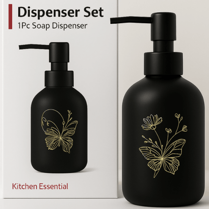 Matte Glass Soap Dispenser with Gold Butterfly Design – 300ml Refillable Pump Bottle