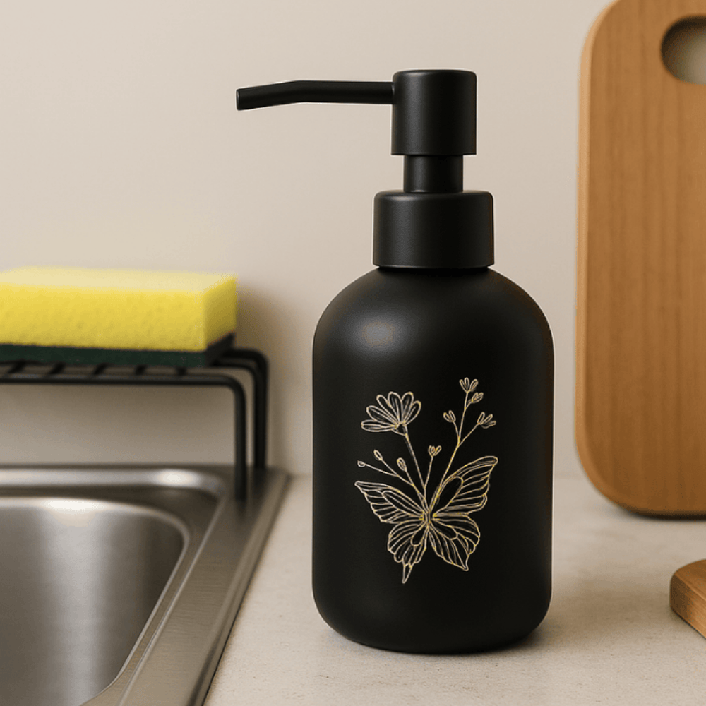 Matte Glass Soap Dispenser with Gold Butterfly Design – 300ml Refillable Pump Bottle