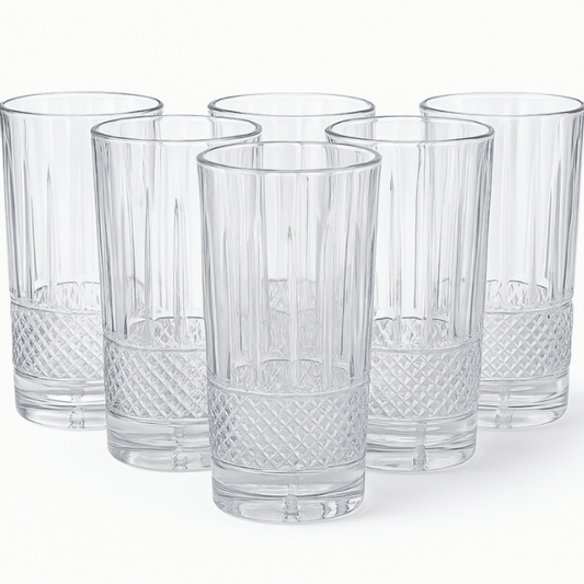 Long Design Glass Set of 6 300ml – Tall Patterned Tumblers for Water, Juice & Beverages