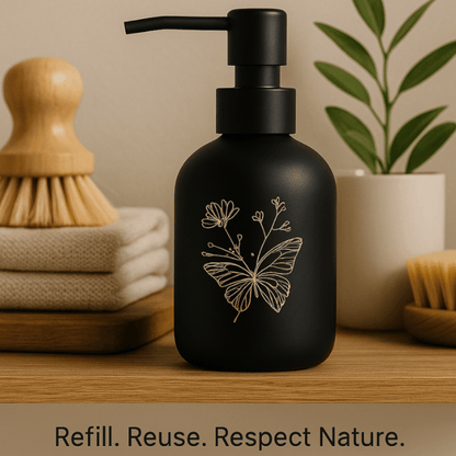 Matte Glass Soap Dispenser with Gold Butterfly Design – 300ml Refillable Pump Bottle