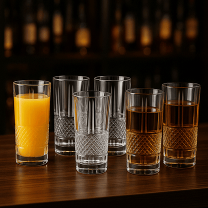 Long Design Glass Set of 6 300ml – Tall Patterned Tumblers for Water, Juice & Beverages