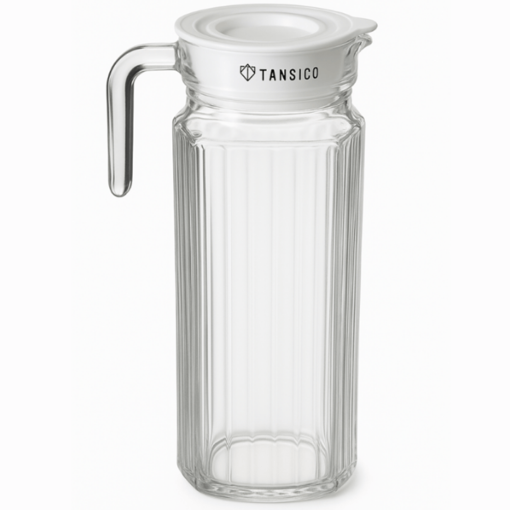 TANSICO 1.1 L Glass Water Jug with Handle & Lid – Clear Pitcher for Water, Juice & Beverages