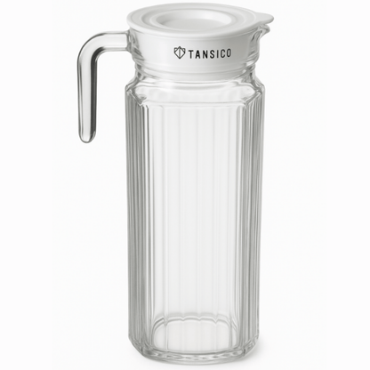 TANSICO 1.1 L Glass Water Jug with Handle & Lid – Clear Pitcher for Water, Juice & Beverages