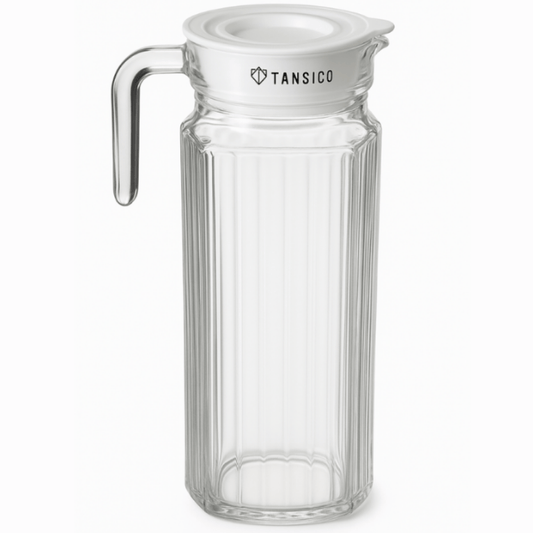 TANSICO 1.1 L Glass Water Jug with Handle & Lid – Clear Pitcher for Water, Juice & Beverages