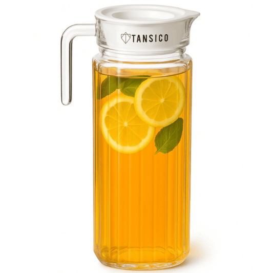 TANSICO 1.1 L Glass Water Jug with Handle & Lid – Clear Pitcher for Water, Juice & Beverages