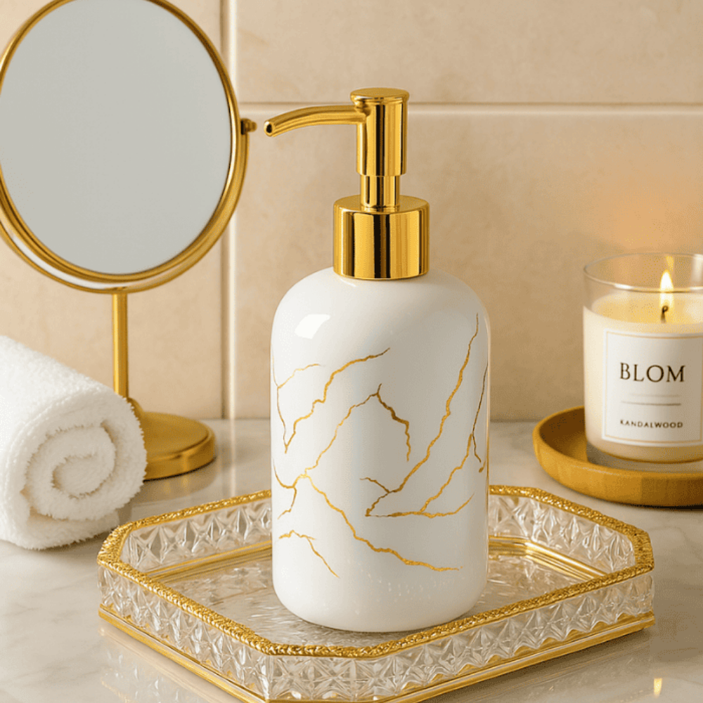 Glossy White 400ml Soap Dispenser with Gold Pump – Elegant and Refillable Bathroom & Kitchen Accessory