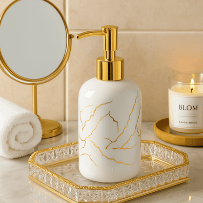 Glossy White 400ml Soap Dispenser with Gold Pump – Elegant and Refillable Bathroom & Kitchen Accessory