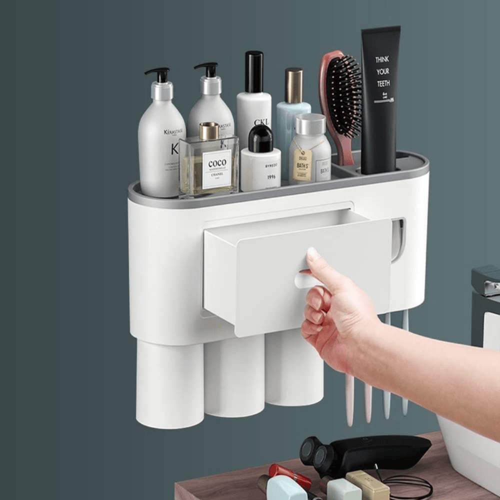 Wall Mounted Toothbrush Holder with 3 Cups and Storage Drawer – Bathroom Organizer
