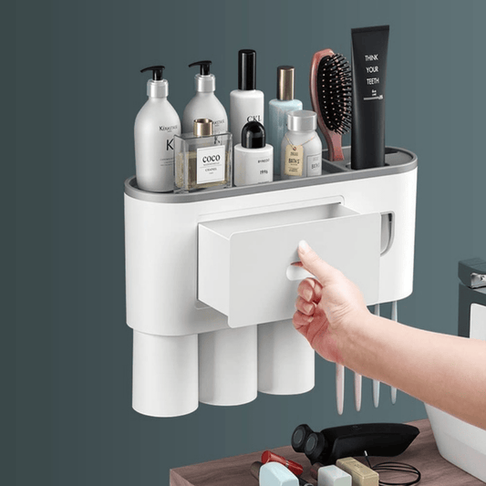 Wall Mounted Toothbrush Holder with 3 Cups and Storage Drawer – Bathroom Organizer