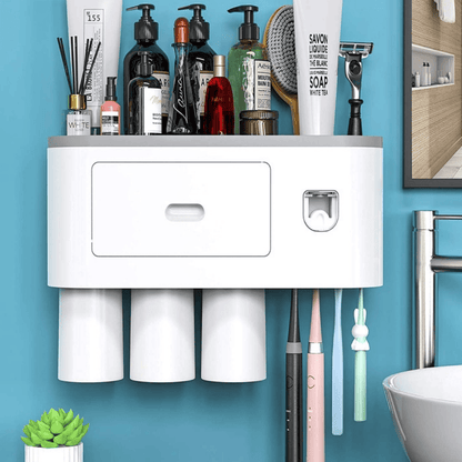 Wall Mounted Toothbrush Holder with 3 Cups and Storage Drawer – Bathroom Organizer