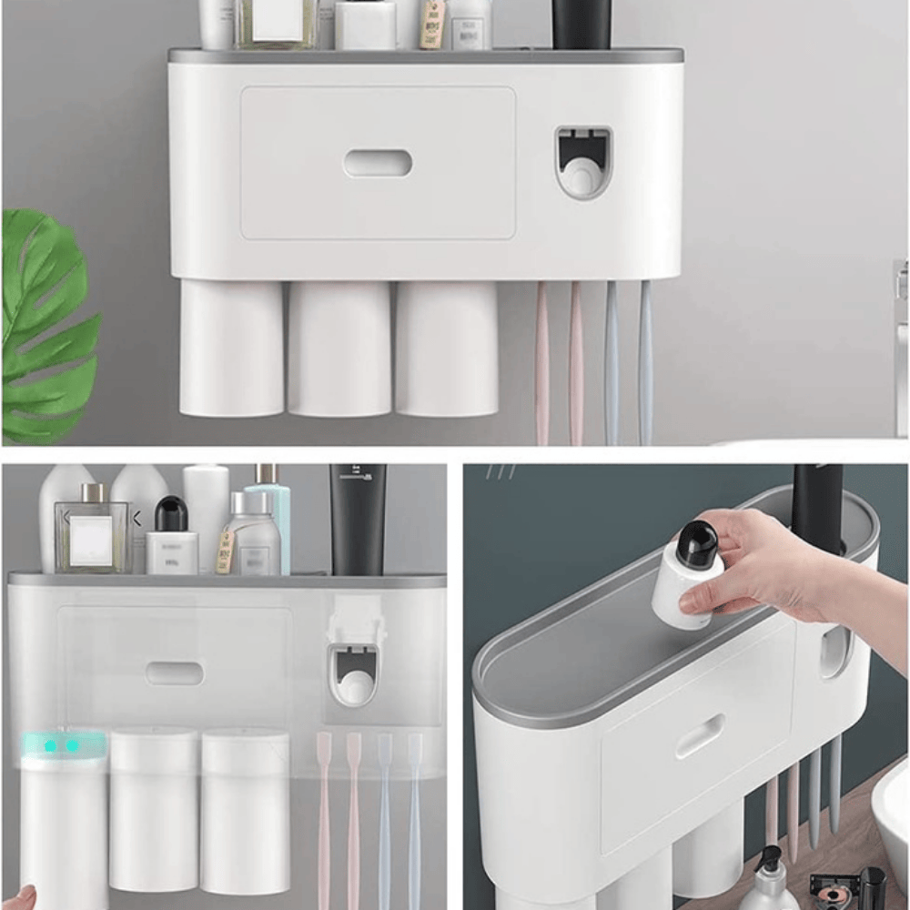 Wall Mounted Toothbrush Holder with 3 Cups and Storage Drawer – Bathroom Organizer
