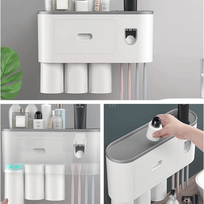 Wall Mounted Toothbrush Holder with 3 Cups and Storage Drawer – Bathroom Organizer