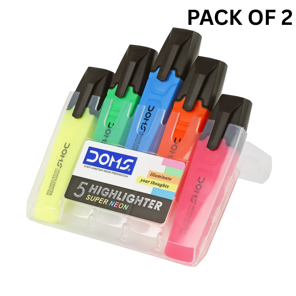 DOMS Super Neon Highlighter Set – Pack of 5 Vibrant Colours for Office & School Use PACK OF 2