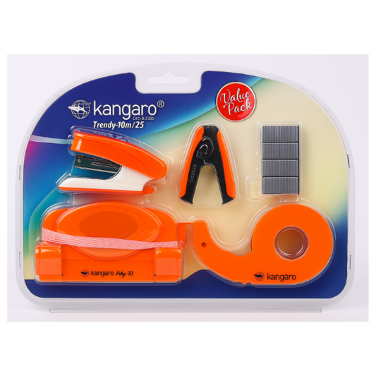 Kangaro Trendy-10M/25 Office Stationery Combo Set – Value Pack with Stapler, Tape Dispenser, Pin Remover & More (6-in-1 Kit, Orange)