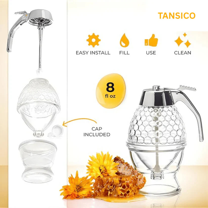 Glass Honey Dispenser with Stand | No-Drip Syrup and Honey Server