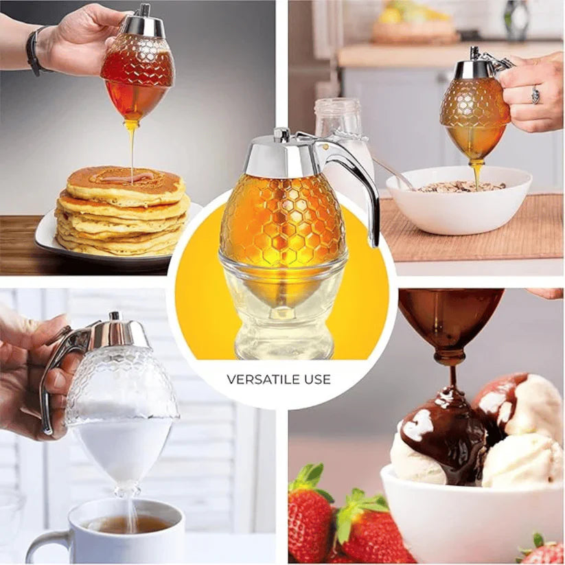 Glass Honey Dispenser with Stand | No-Drip Syrup and Honey Server