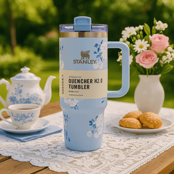 Stanley Quencher H2.0 FlowState Tumbler – 40oz / 1.18L Sky Blue Floral, Vacuum Insulated Stainless Steel with Handle & Straw