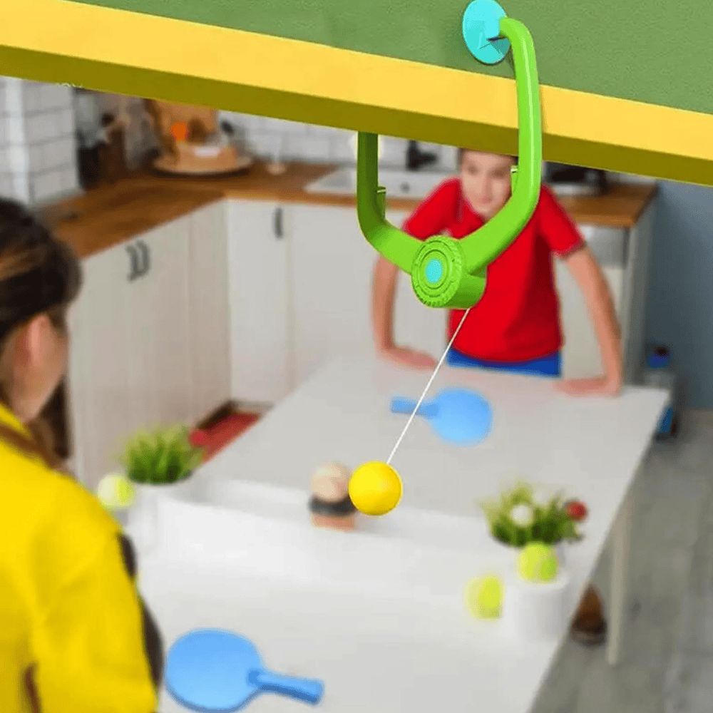 Kids Ping Pong Training Set with Adjustable Elastic String – Indoor Table Tennis Practice Kit with 2 Paddles & 6 Balls