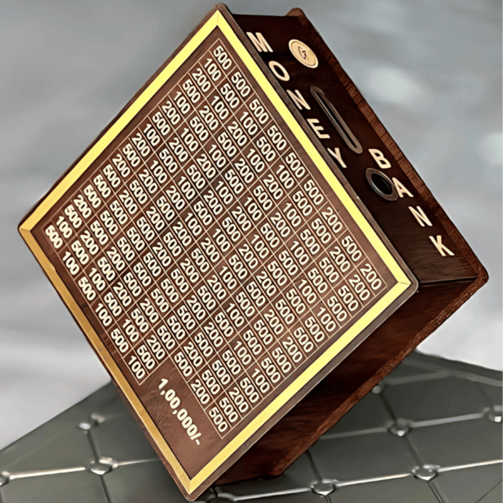 Wooden Money Bank – ₹1,00,000 Savings Challenge Box with Numbered Slots for Smart Saving & Gifting