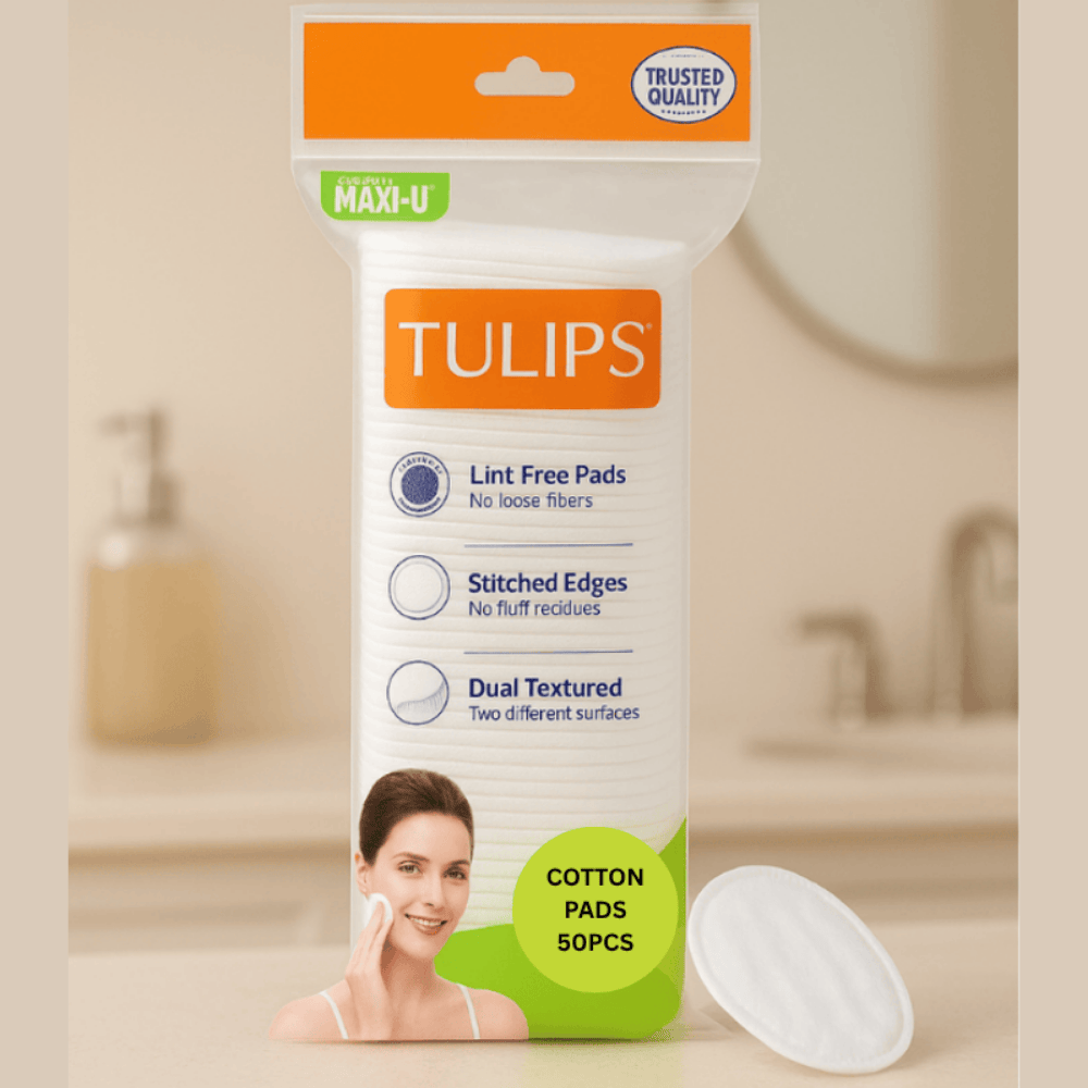 Tulips Lint-Free Cotton Pads – 50 Pcs (Pack Of 2) | Dual Textured Makeup Remover & Skincare Pads with Stitched Edges