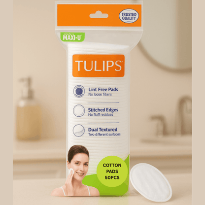Tulips Lint-Free Cotton Pads – 50 Pcs (Pack Of 2) | Dual Textured Makeup Remover & Skincare Pads with Stitched Edges