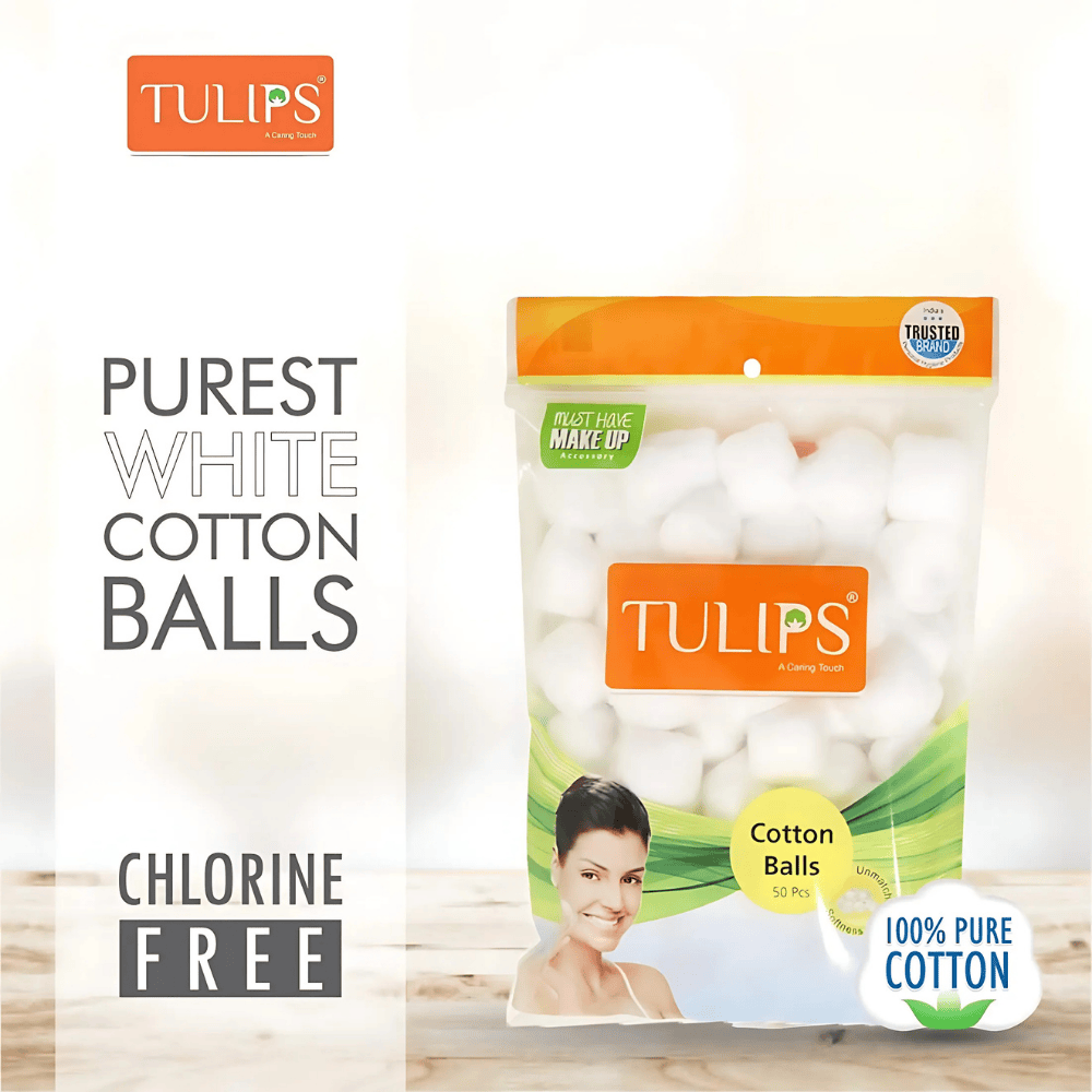 Tulips 100% Pure Cotton Balls – White, Pack of 2 | Soft & Absorbent for Skincare, Baby Care, and First Aid