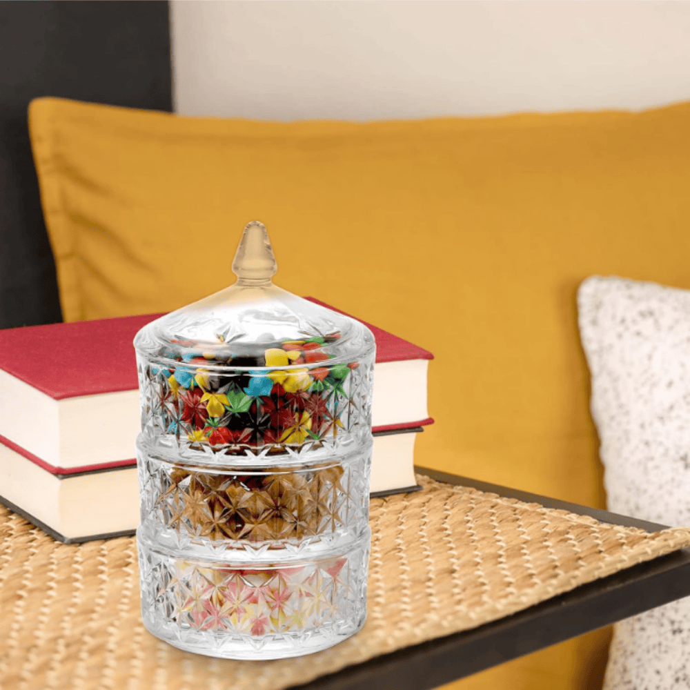 Crystal Glass Candy Jar Set with Lid – Elegant Diamond-Cut Storage Bowls for Sweets, Dry Fruits & Snacks