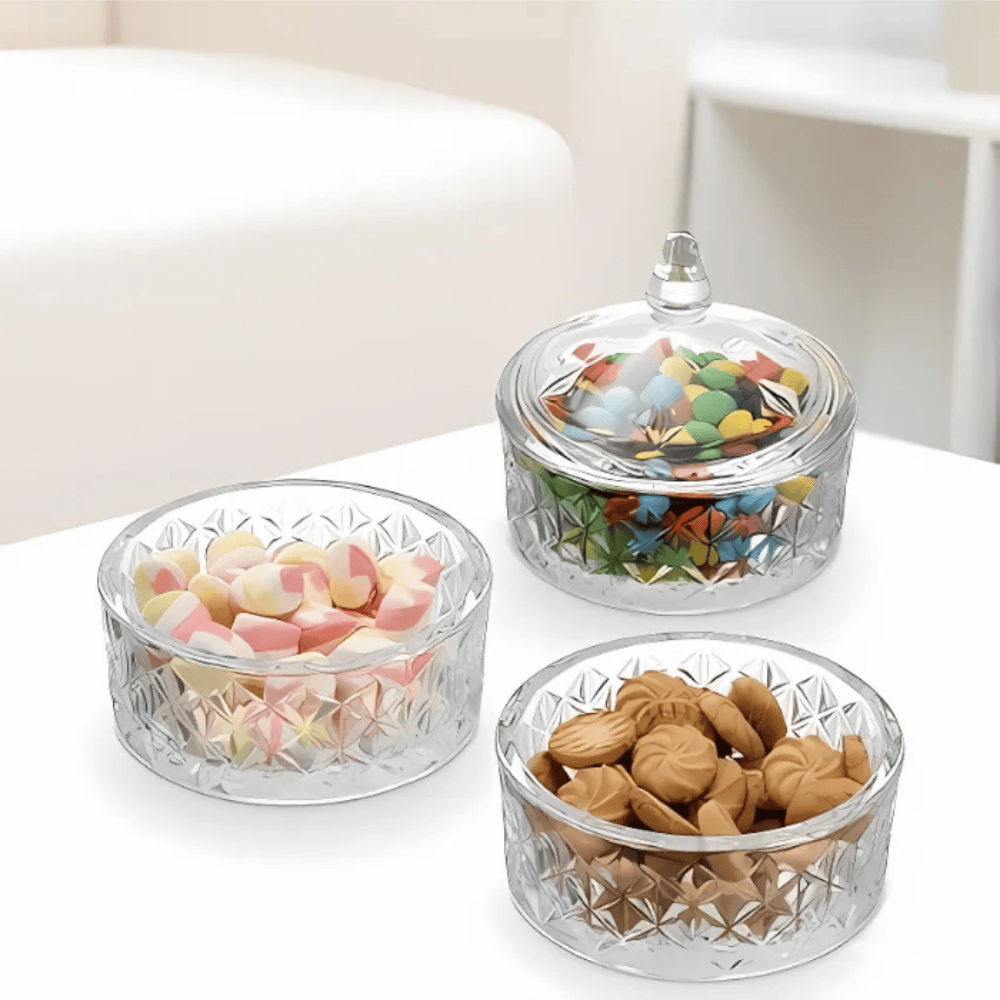 Crystal Glass Candy Jar Set with Lid – Elegant Diamond-Cut Storage Bowls for Sweets, Dry Fruits & Snacks