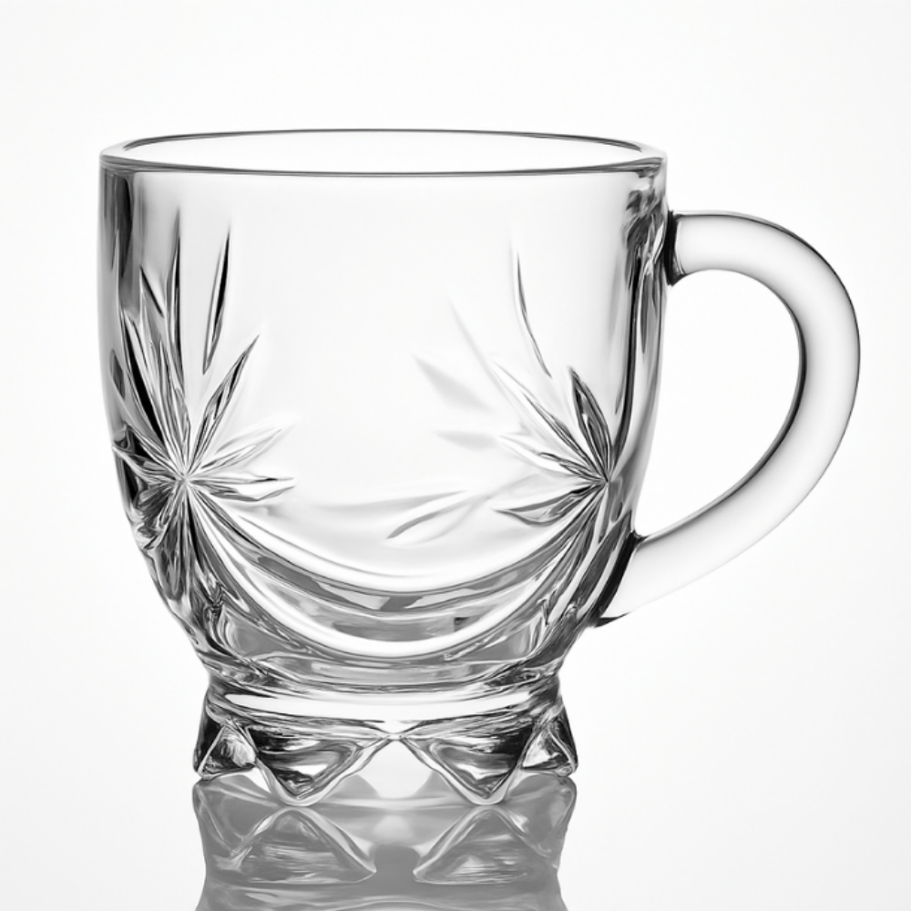 150 ml Crystal Glass Tea Mugs – Set of 6 | Elegant Cut Design with Handle for Tea, Coffee & Hot Beverages