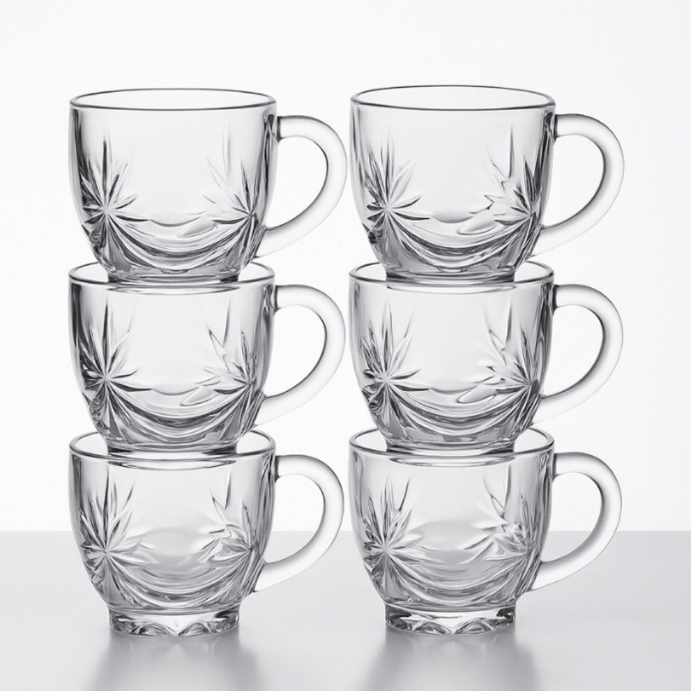 150 ml Crystal Glass Tea Mugs – Set of 6 | Elegant Cut Design with Handle for Tea, Coffee & Hot Beverages