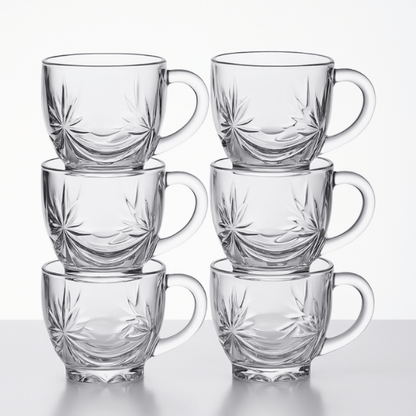 150 ml Crystal Glass Tea Mugs – Set of 6 | Elegant Cut Design with Handle for Tea, Coffee & Hot Beverages