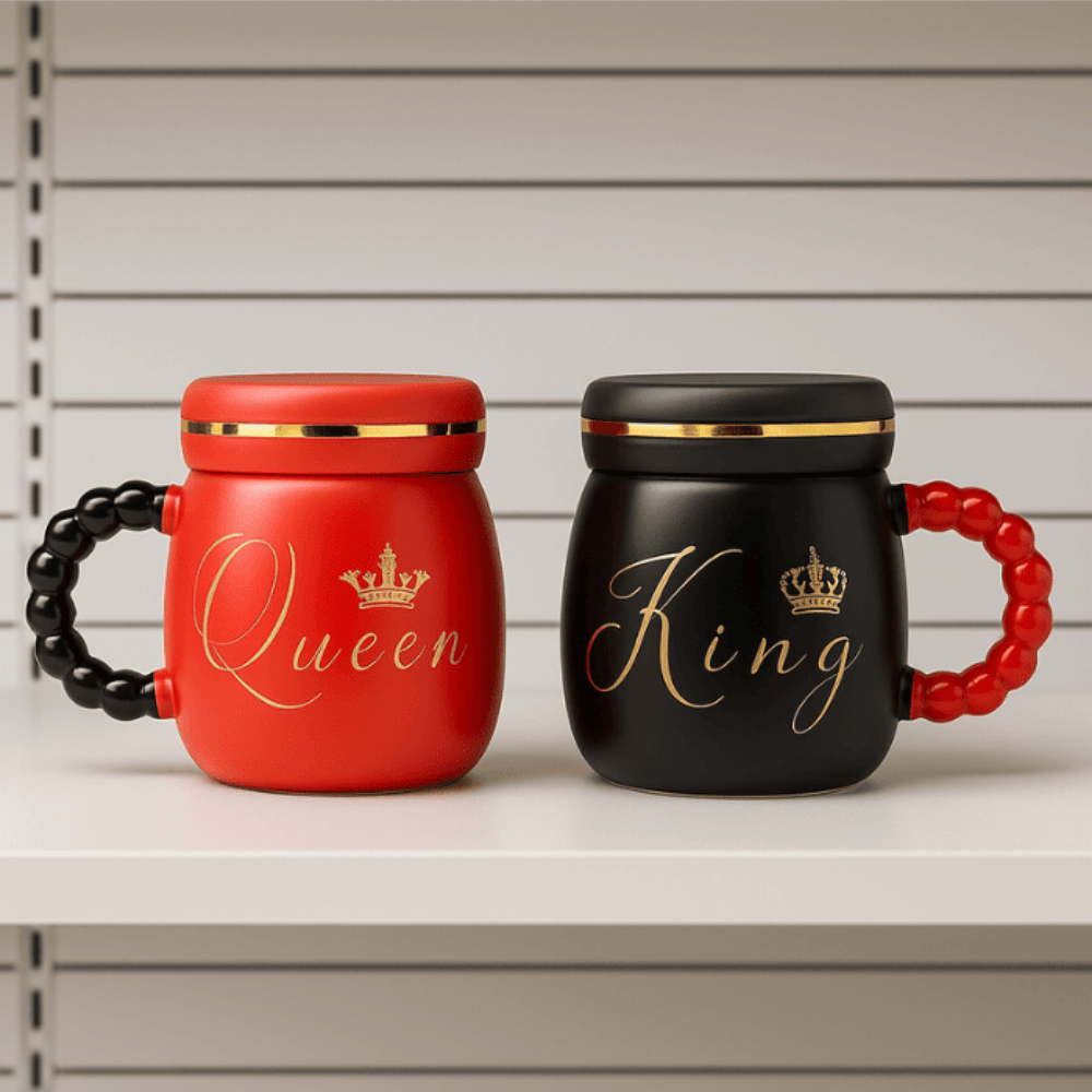 500 ml King & Queen Ceramic Milk Mugs – Set of 2 | Luxury Coffee, Tea & Hot Beverage Cups with Lids  MY632
