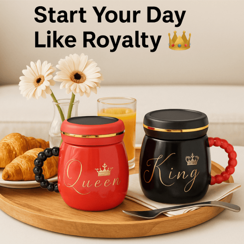 500 ml King & Queen Ceramic Milk Mugs – Set of 2 | Luxury Coffee, Tea & Hot Beverage Cups with Lids  MY632