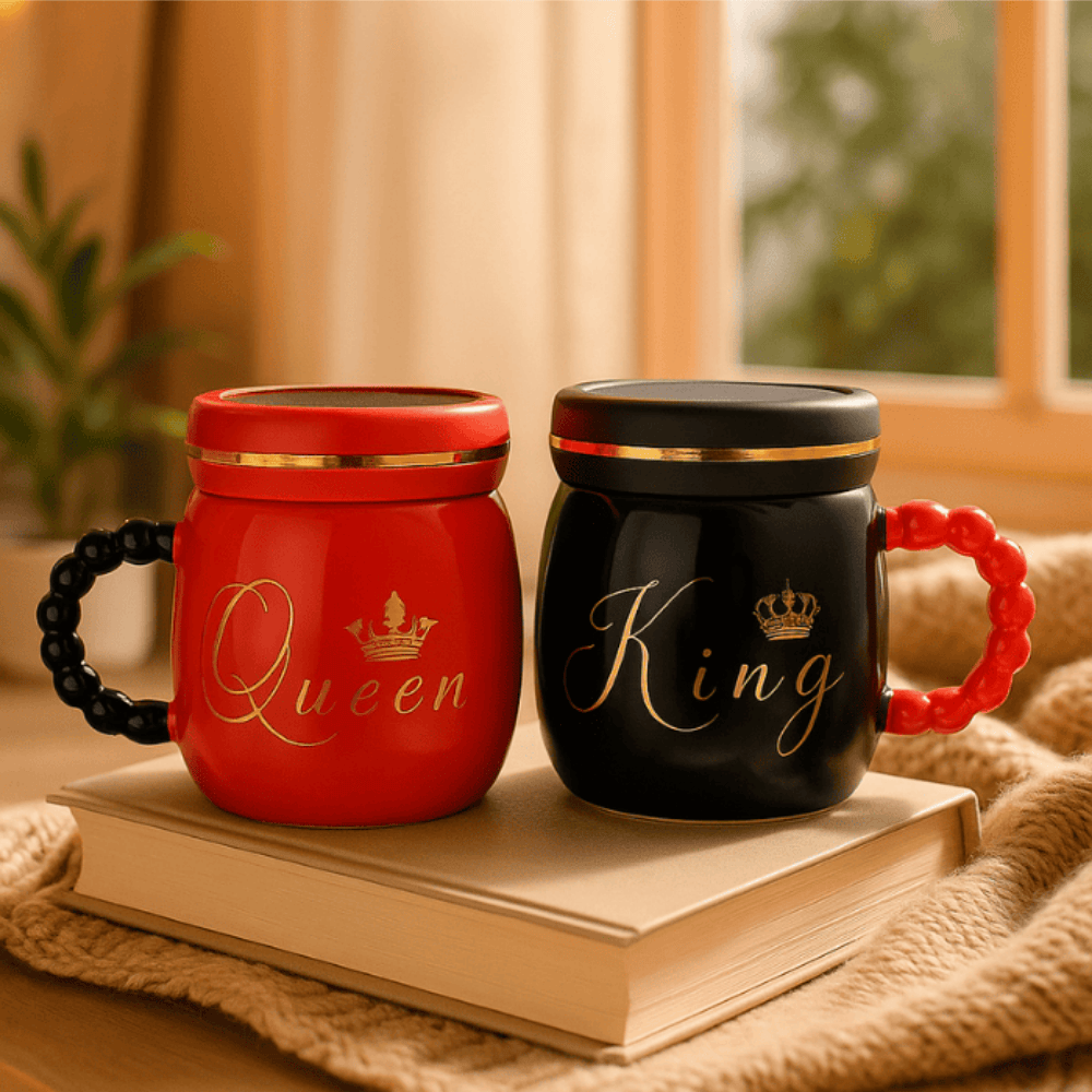 500 ml King & Queen Ceramic Milk Mugs – Set of 2 | Luxury Coffee, Tea & Hot Beverage Cups with Lids  MY632