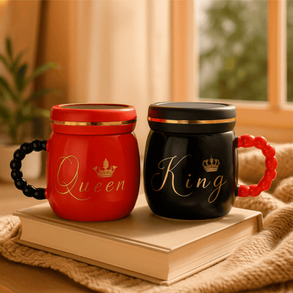 500 ml King & Queen Ceramic Milk Mugs – Set of 2 | Luxury Coffee, Tea & Hot Beverage Cups with Lids  MY632