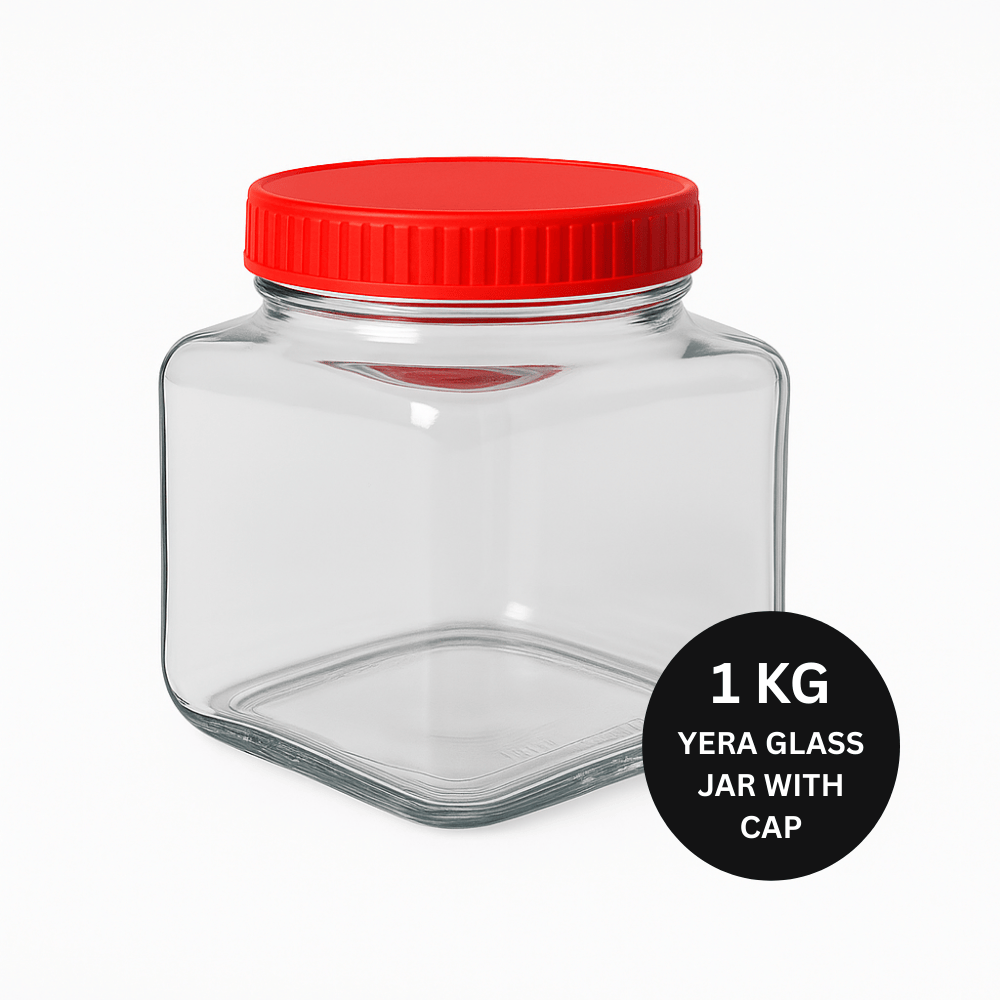 Yera 1kg Square Glass Storage Jar with Red  Cap – Airtight Kitchen Container