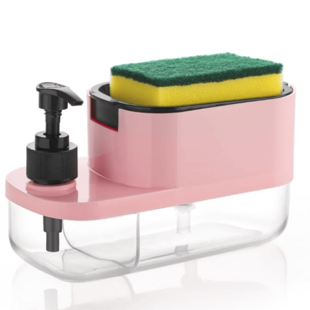 3-in-1 Soap Dispenser with Sponge & Storage Tray – Kitchen Sink Dishwashing Organizer
