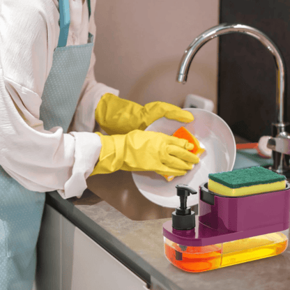 3-in-1 Soap Dispenser with Sponge & Storage Tray – Kitchen Sink Dishwashing Organizer