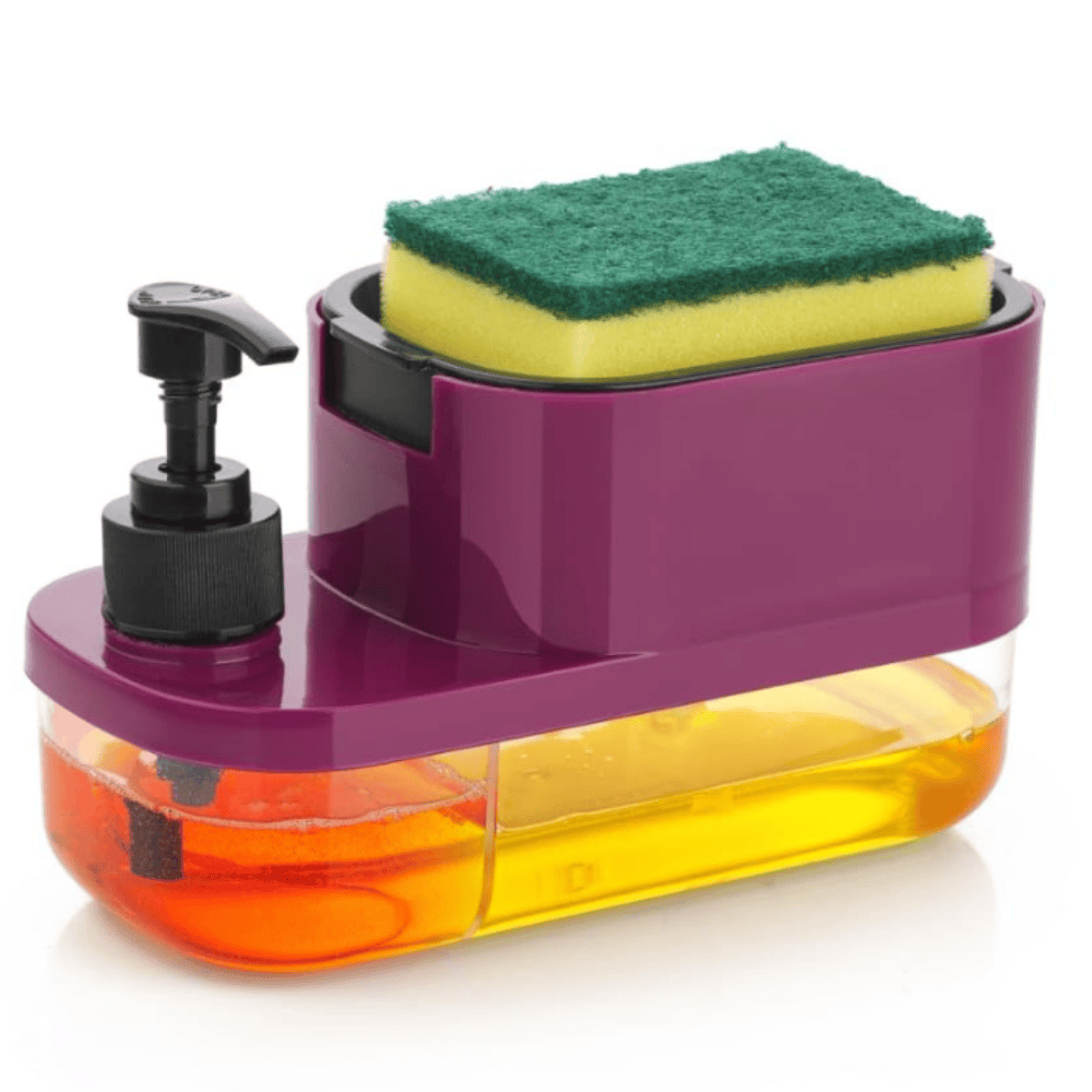 3-in-1 Soap Dispenser with Sponge & Storage Tray – Kitchen Sink Dishwashing Organizer